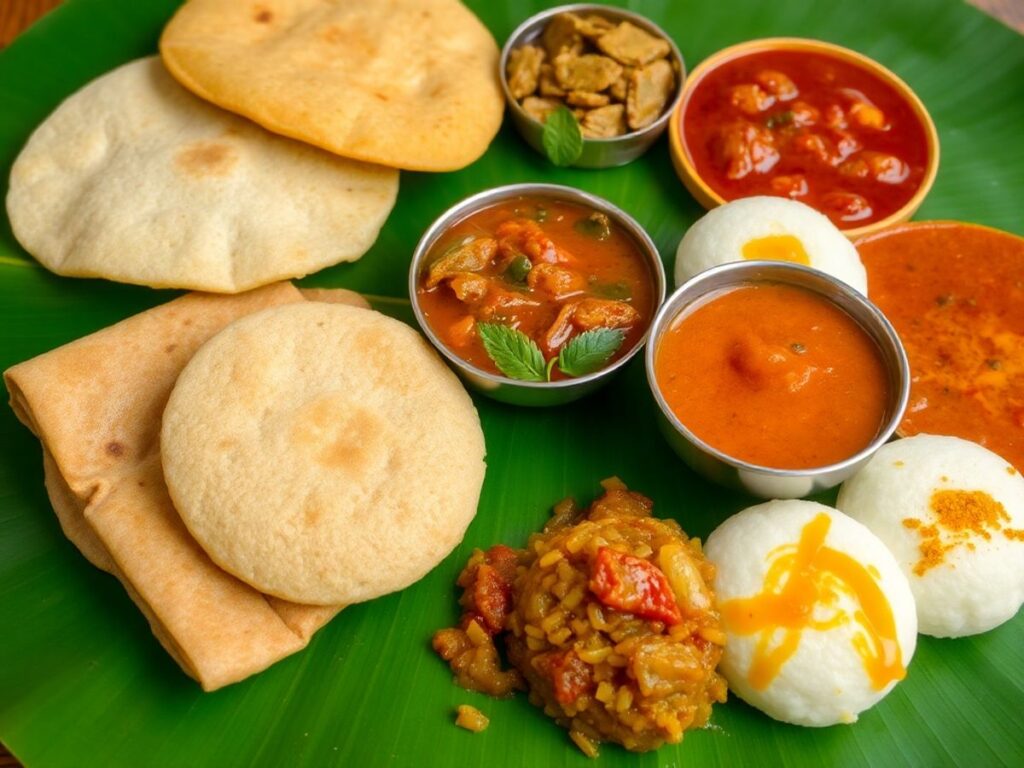 Traditional South Indian dishes on a banana leaf platter.