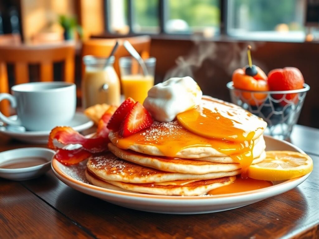 Delicious breakfast spread with pancakes, bacon, and coffee.