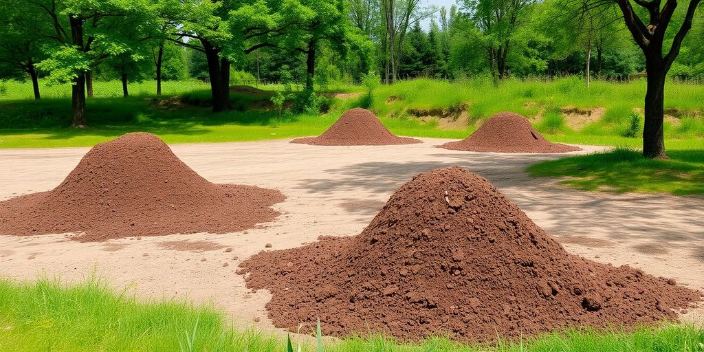 Open area with dirt piles and surrounding greenery.