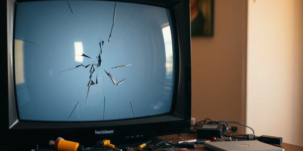 Broken TV on a table with tools around it.