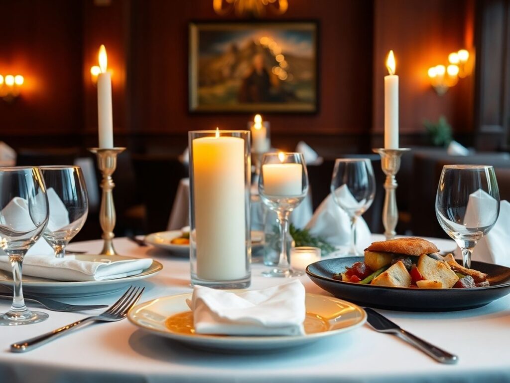 Cozy restaurant table set for a romantic dinner.