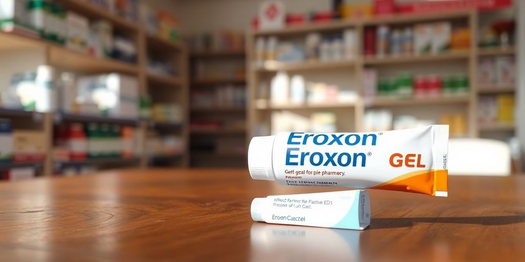 Eroxon Gel tube on a wooden table in pharmacy.