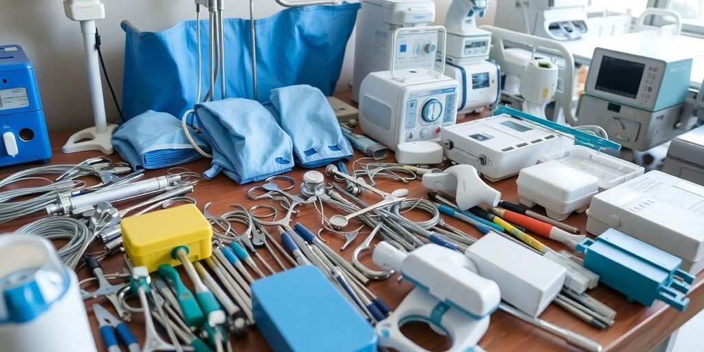 Used medical supplies for sale on a table.