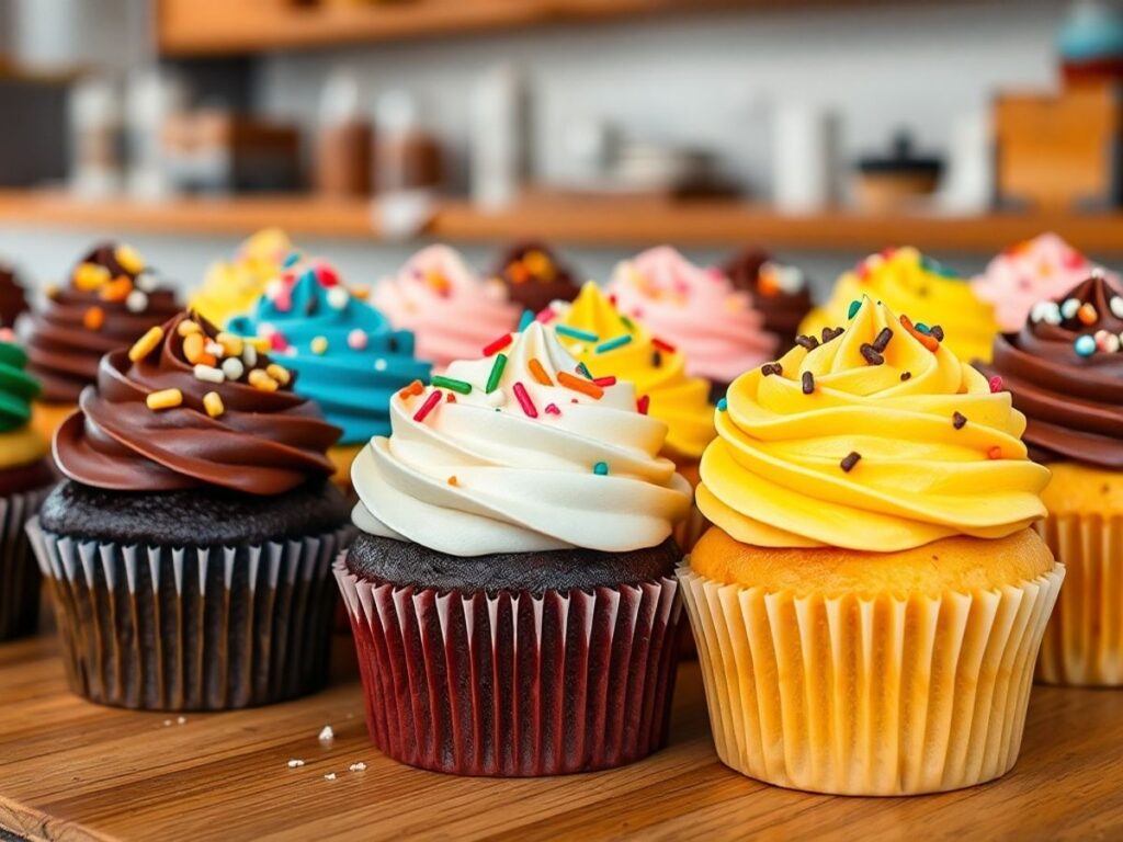 Assorted colorful cupcakes on a wooden table.