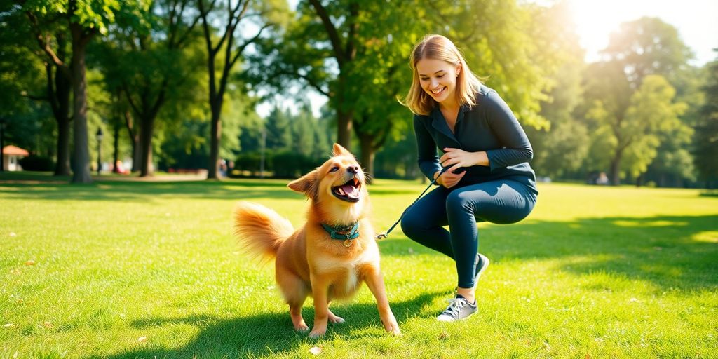 Dog training session in a sunny park with trainer.