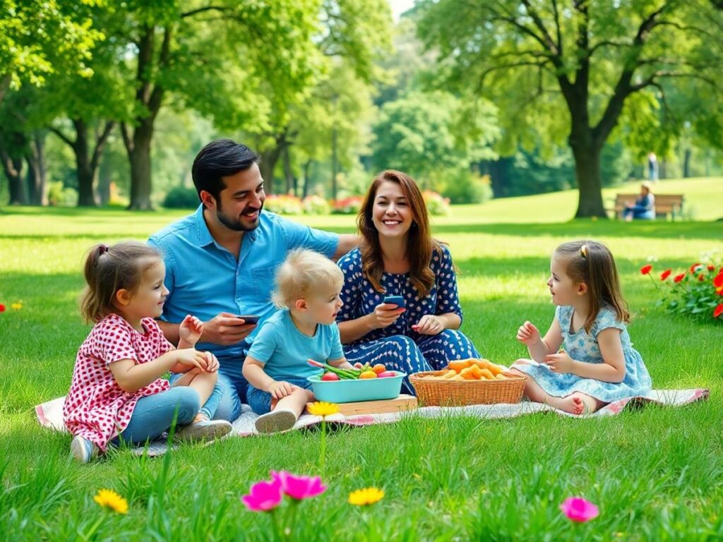 Family picnic in a beautiful park setting.