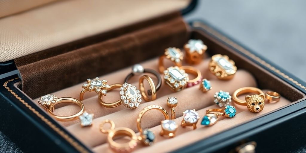 Various nose rings in a jewelry box.