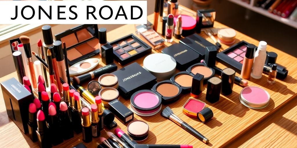 Colorful Jones Road Makeup products on a wooden table.