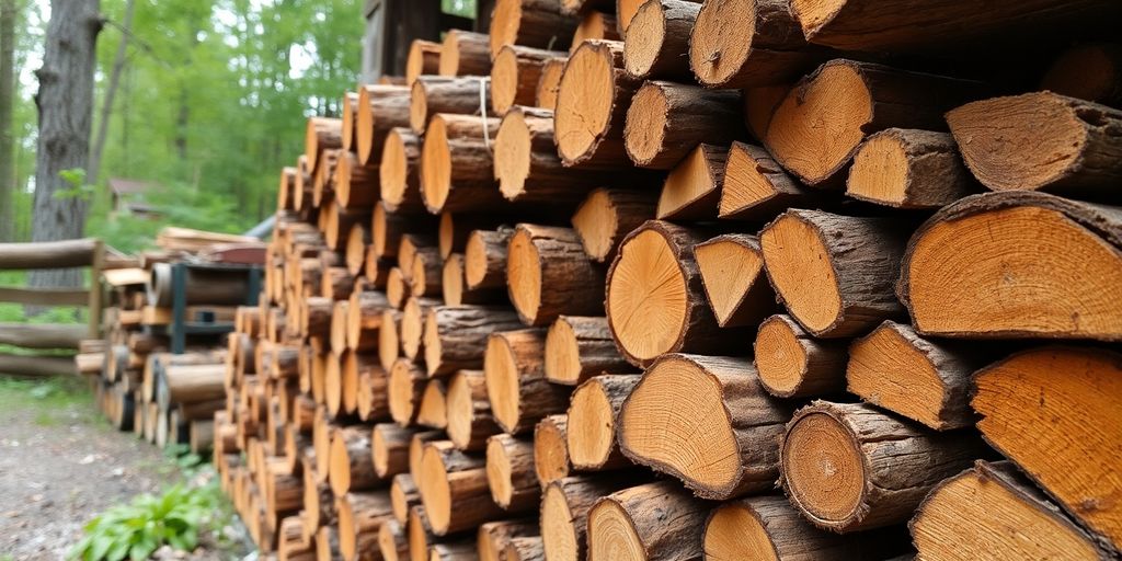 Stacked firewood logs in a rustic outdoor setting.