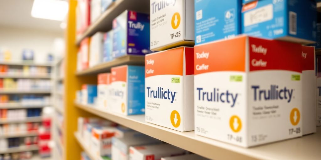 Pharmacy shelf with Trulicity boxes in stock.