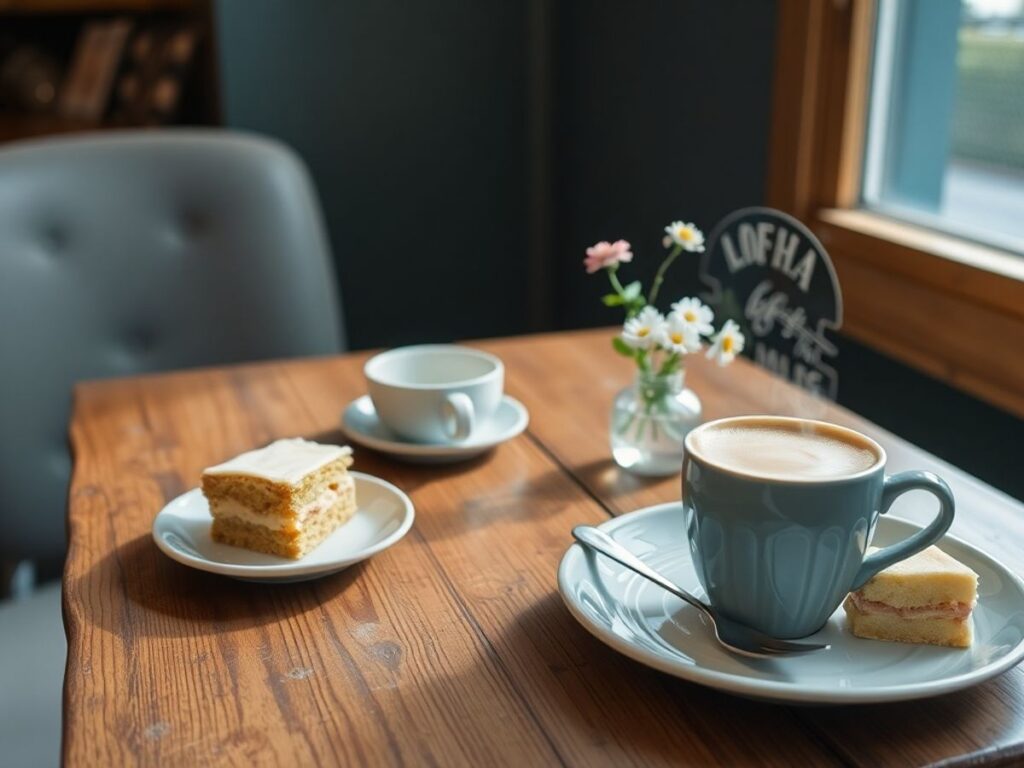 Cozy cafe table with coffee, cake, and flowers.