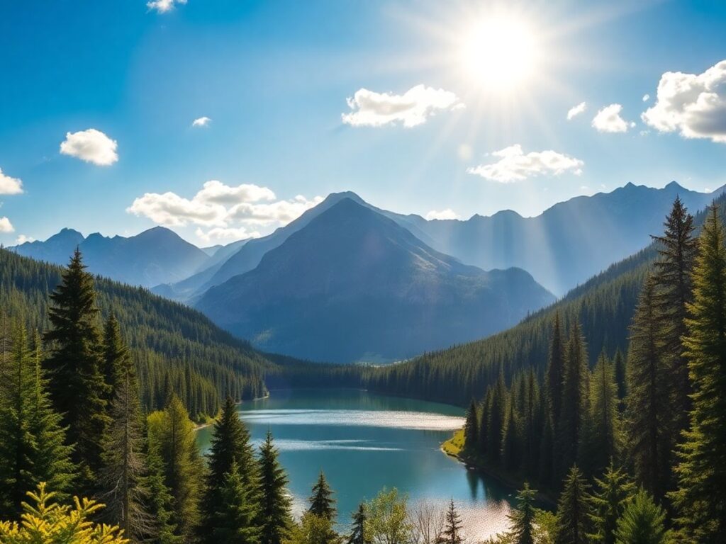 Lush forest, mountains, and serene lake under sunlight.