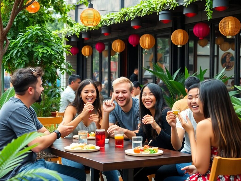 Friends enjoying food at a lively outdoor café.