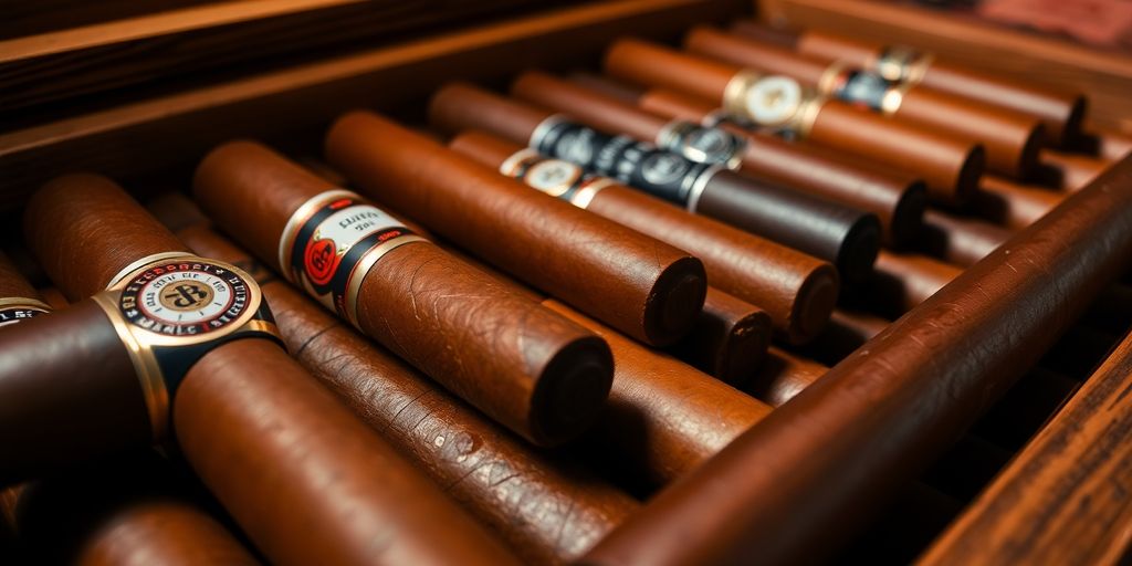 Assorted premium cigars in a wooden humidor.