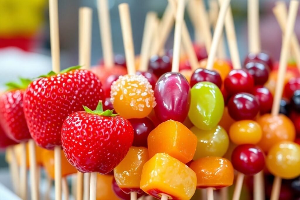 Colorful tanghulu skewers with candied fruits on display.