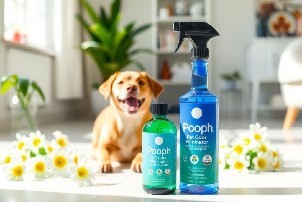 Happy pet with Pooph odor eliminator in clean space.