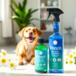 Happy pet with Pooph odor eliminator in clean space.