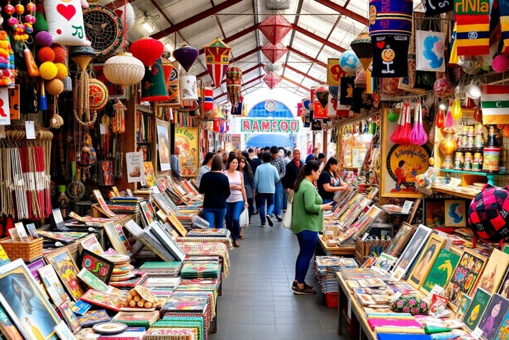 Colorful souvenirs and local crafts in a lively market.