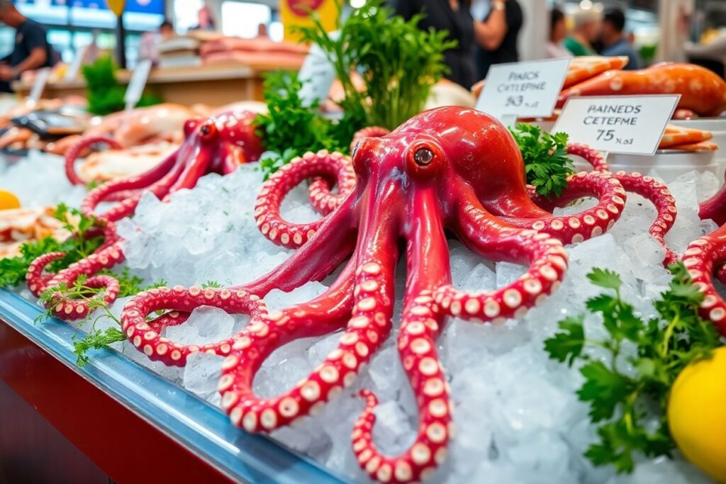 Fresh octopus on ice at a seafood market.