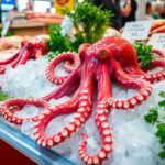 Fresh octopus on ice at a seafood market.