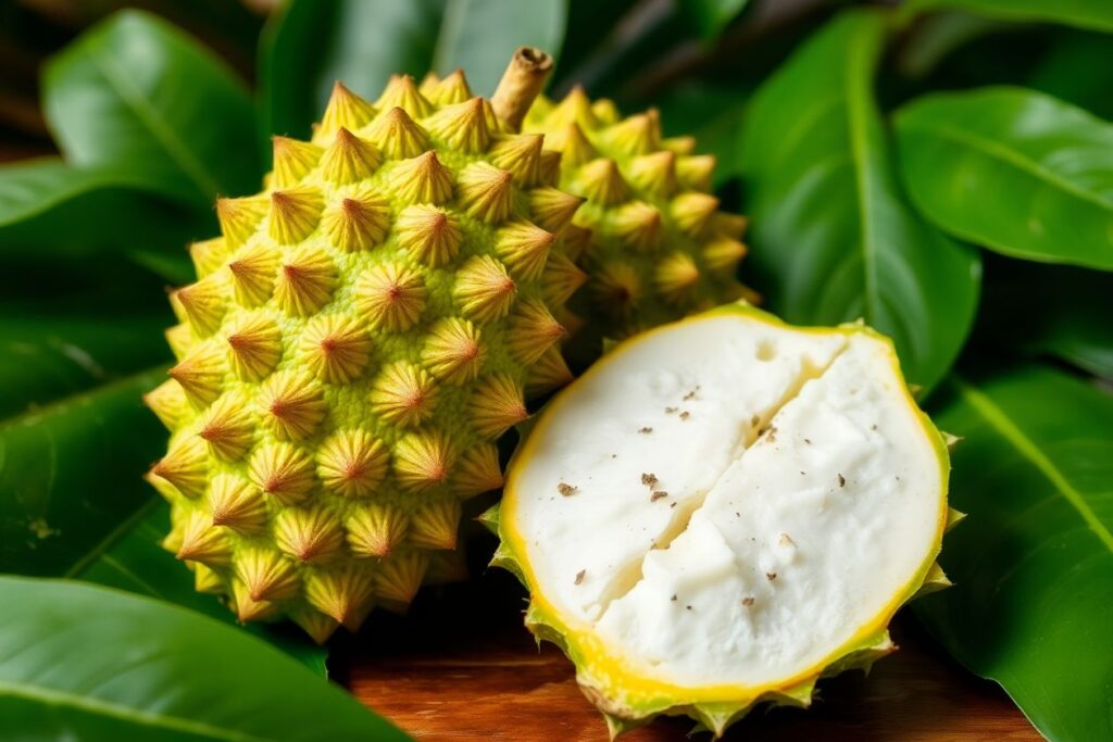 Fresh soursop fruit with green spiky skin and white flesh.