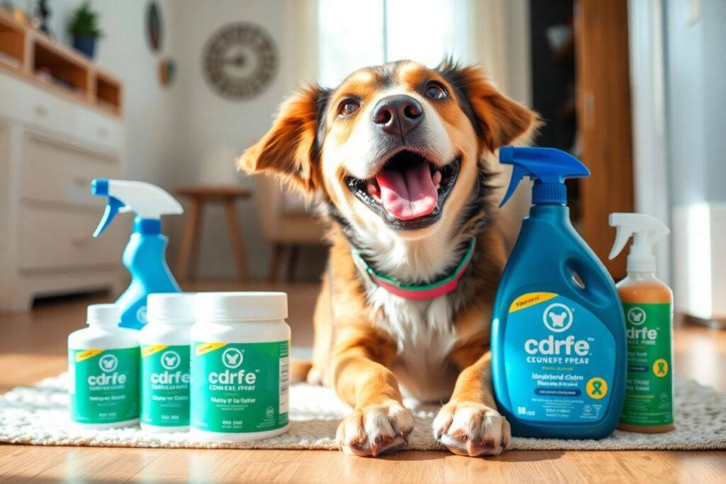 Happy dog in a clean home with pet products.