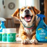 Happy dog in a clean home with pet products.