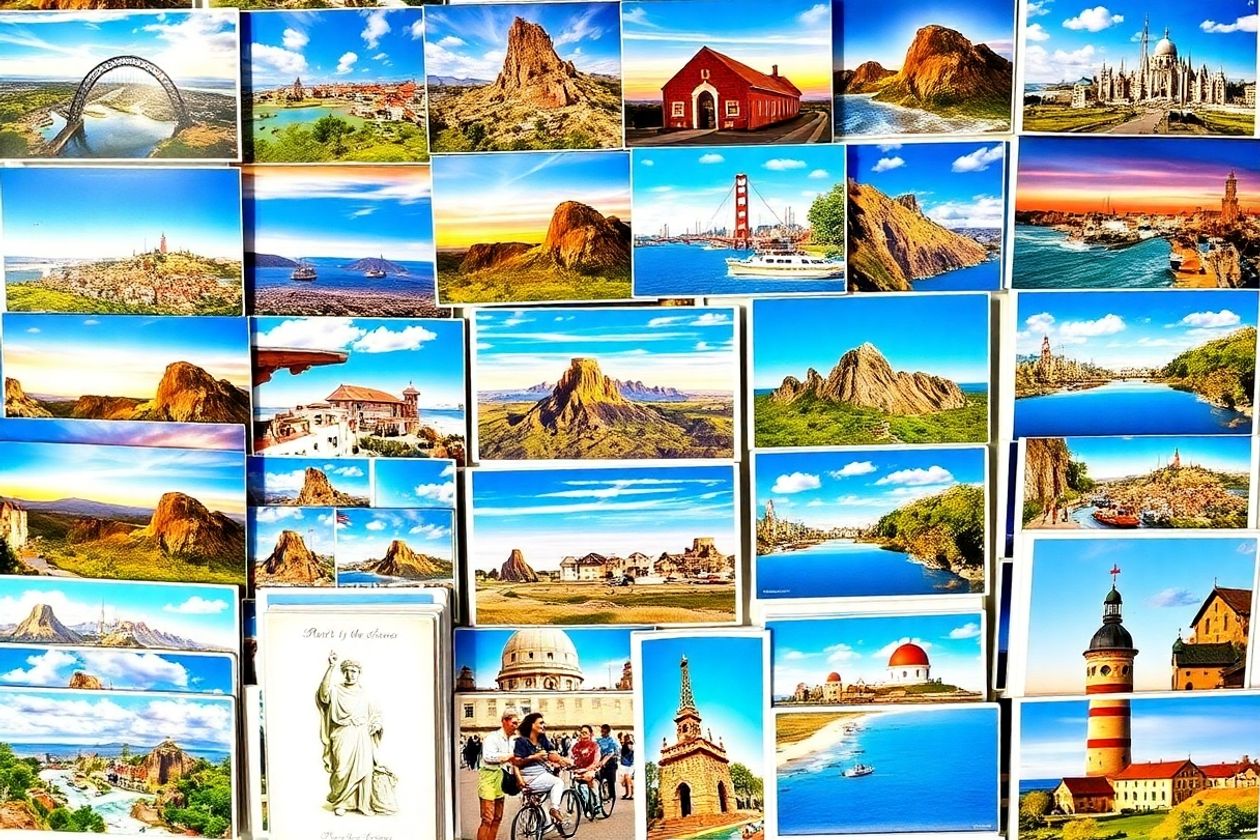 Colorful postcards from various destinations and occasions.