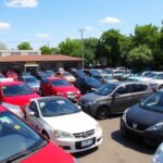 Diverse cars parked in a sunny setting.