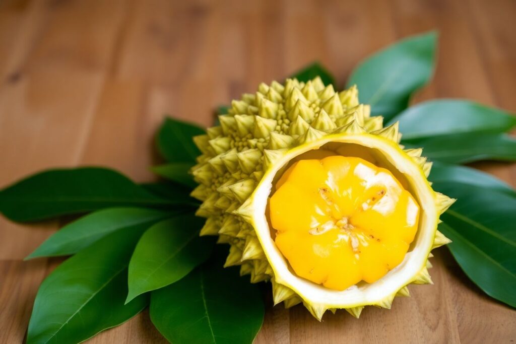 Ripe jackfruit on a wooden table with green leaves.