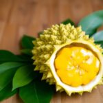 Ripe jackfruit on a wooden table with green leaves.