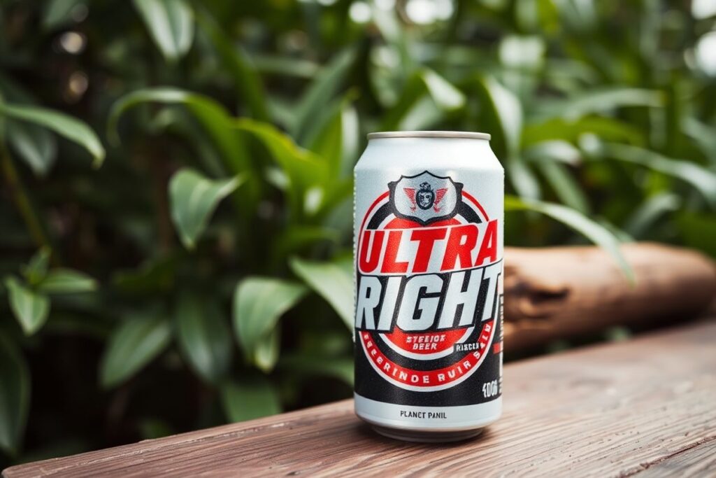 Cold can of Ultra Right Beer on wooden table.