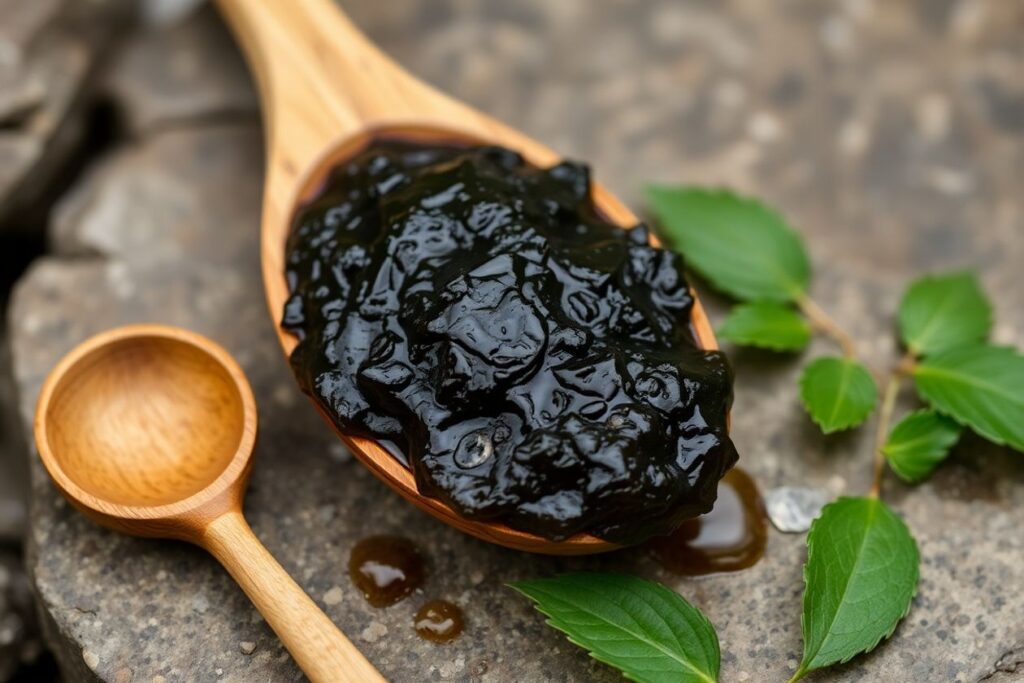 Shilajit resin on stone with leaves and spoon.