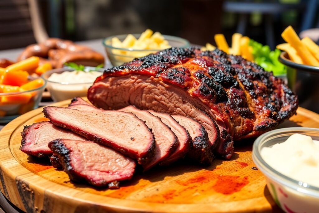 Juicy sliced brisket on a wooden platter outdoors.