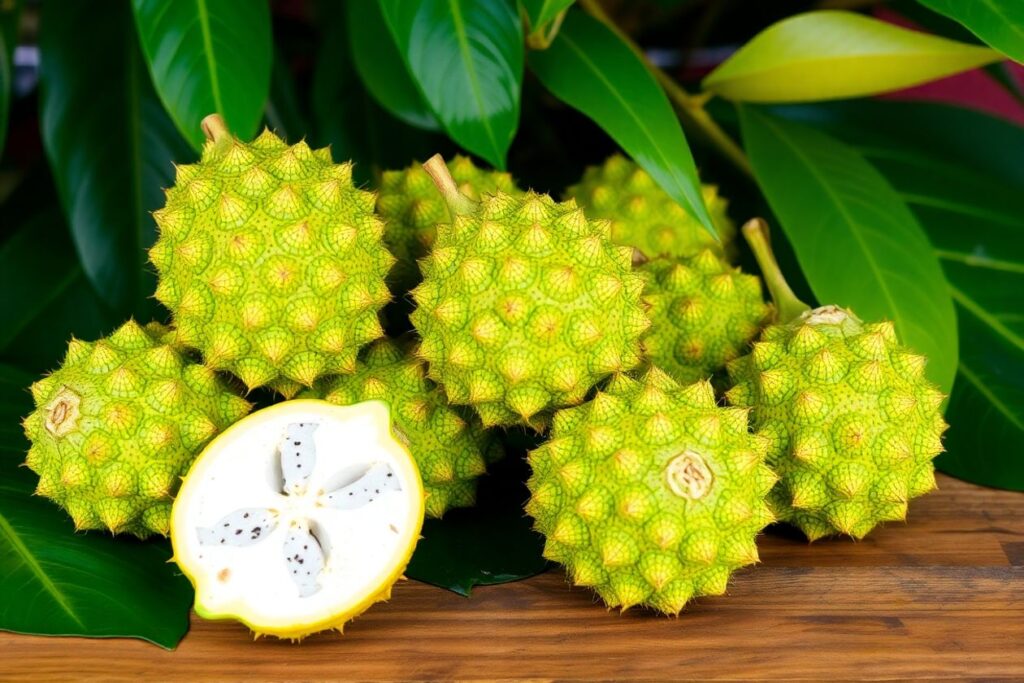 Fresh soursop fruits on a table with tropical leaves.