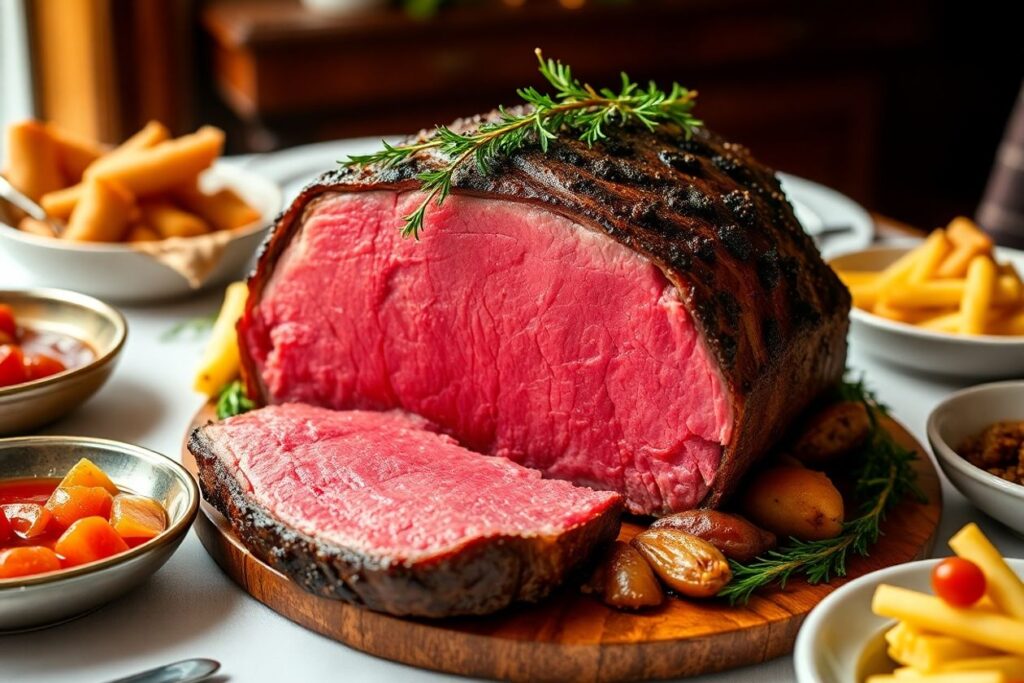 Delicious prime rib roast on a decorated dining table.