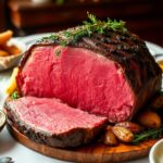 Delicious prime rib roast on a decorated dining table.