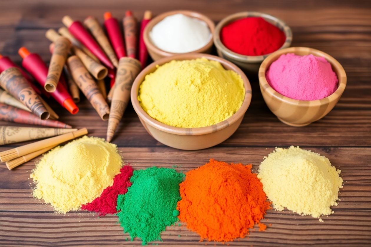 Various henna cones and powders on a wooden table.