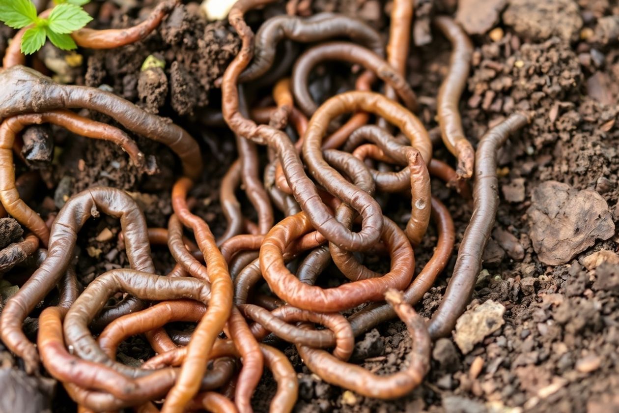 Close-up of various worms in garden soil.