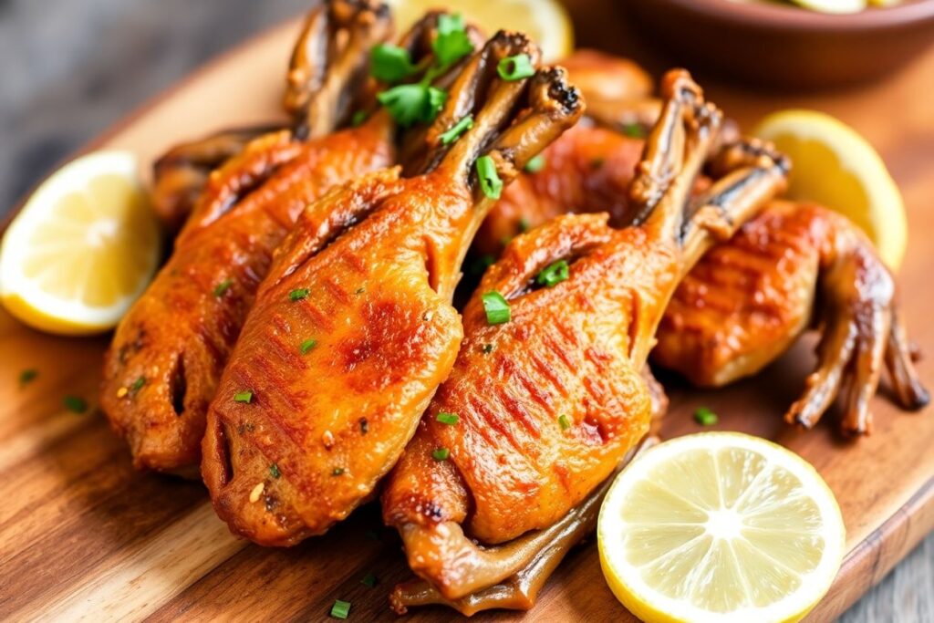 Crispy frog legs served with herbs and lemon slices.