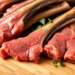 Fresh oxtails on a wooden cutting board with herbs.