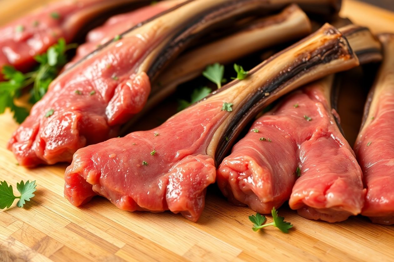 Fresh oxtails on a wooden cutting board with herbs.