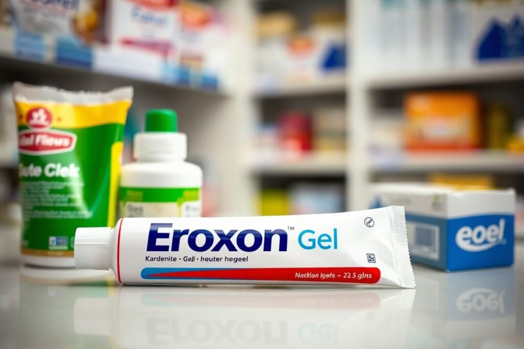 Eroxon Gel on pharmacy counter with health products.