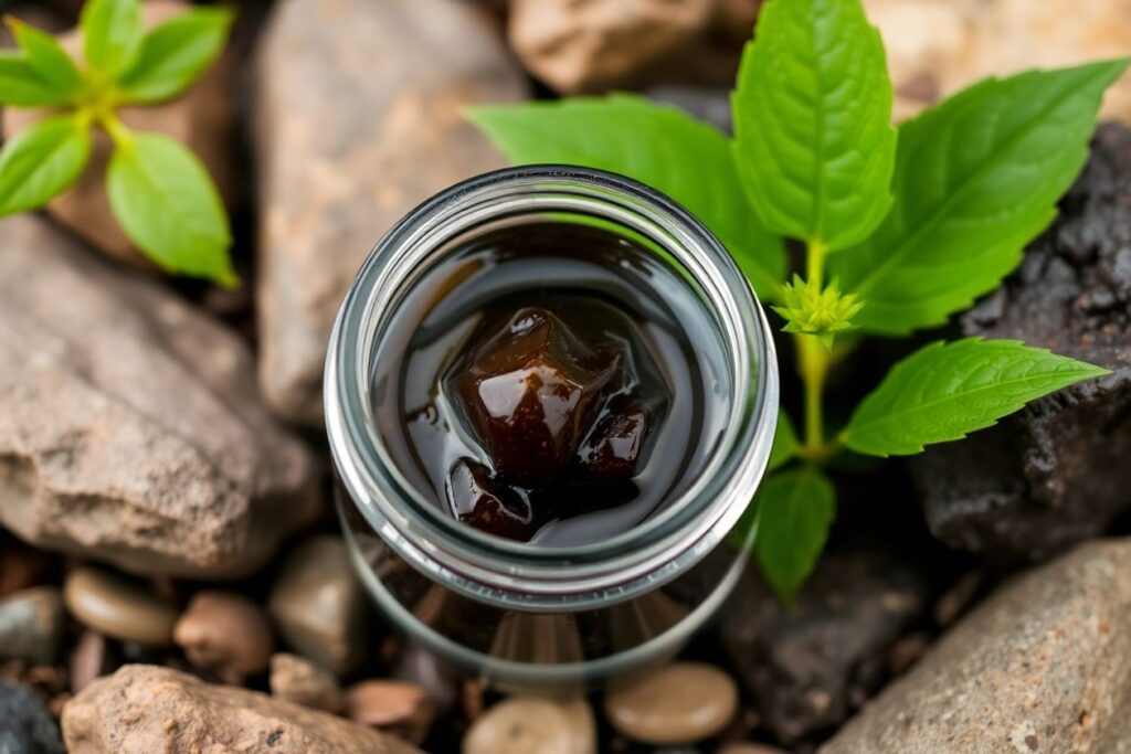 Close-up of shilajit resin in a jar.