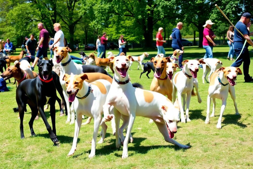 Whippets playing in a sunny park with people.