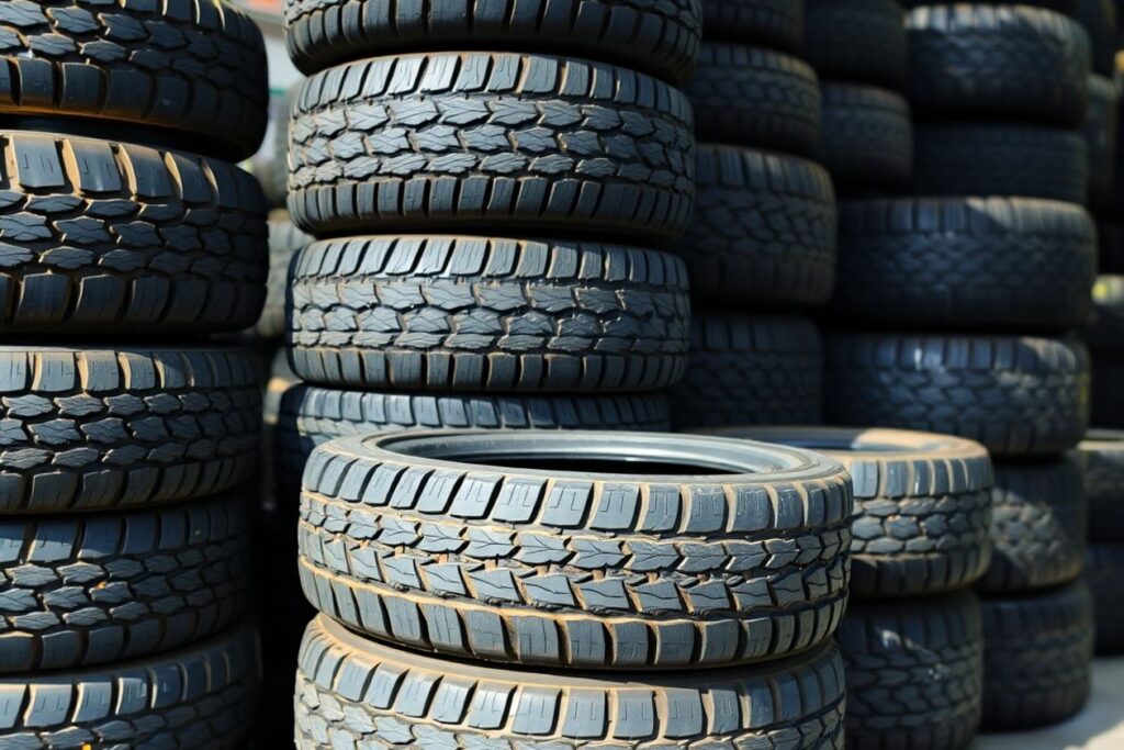 Variety of tires stacked in a tire shop.