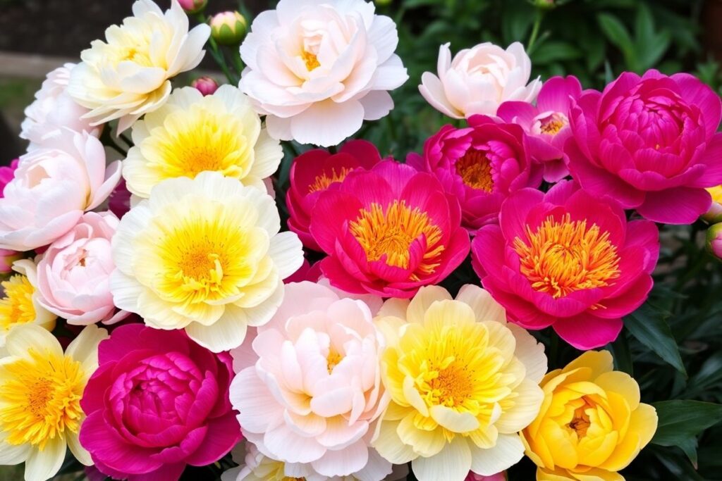 Colorful peonies in bloom in a garden setting.