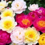 Colorful peonies in bloom in a garden setting.