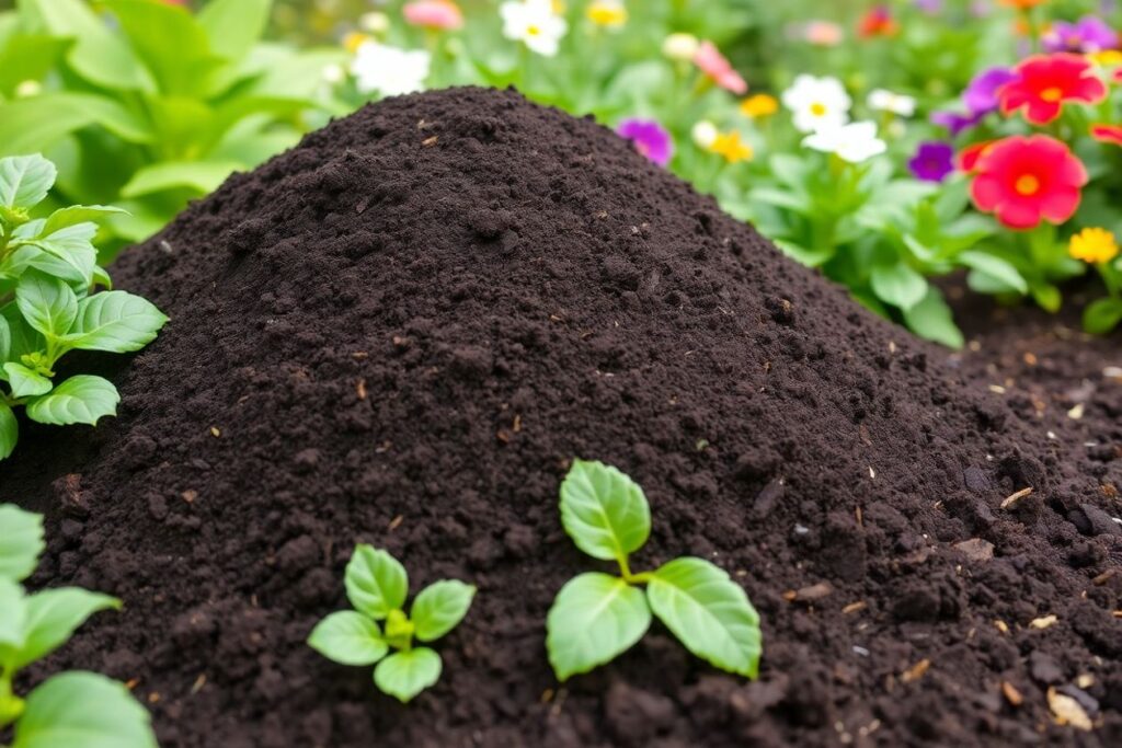 Garden soil with plants and flowers in sunlight.