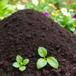 Garden soil with plants and flowers in sunlight.